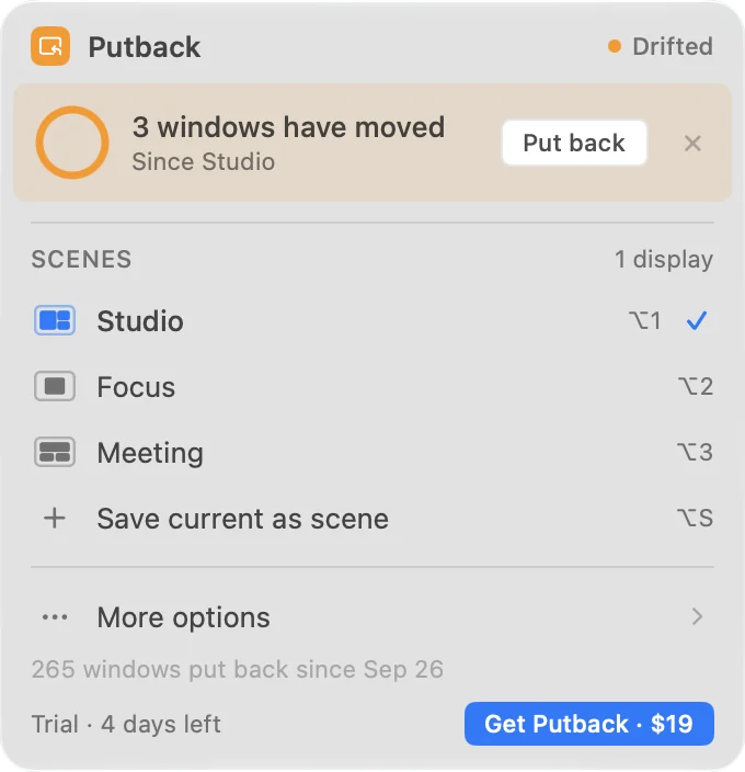 The real Putback menu bar panel: 3 windows have moved since Studio, with a Put back button