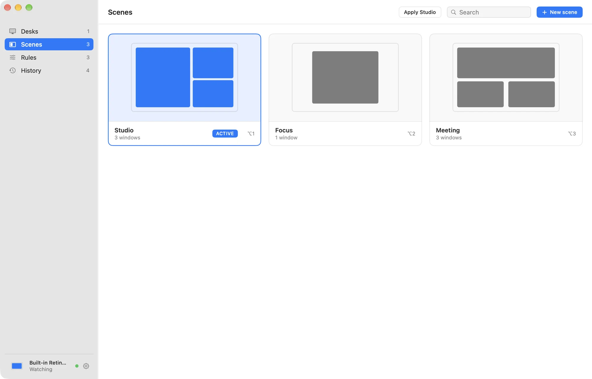 The Scenes tab: Studio, Focus and Meeting, each drawing its own arrangement