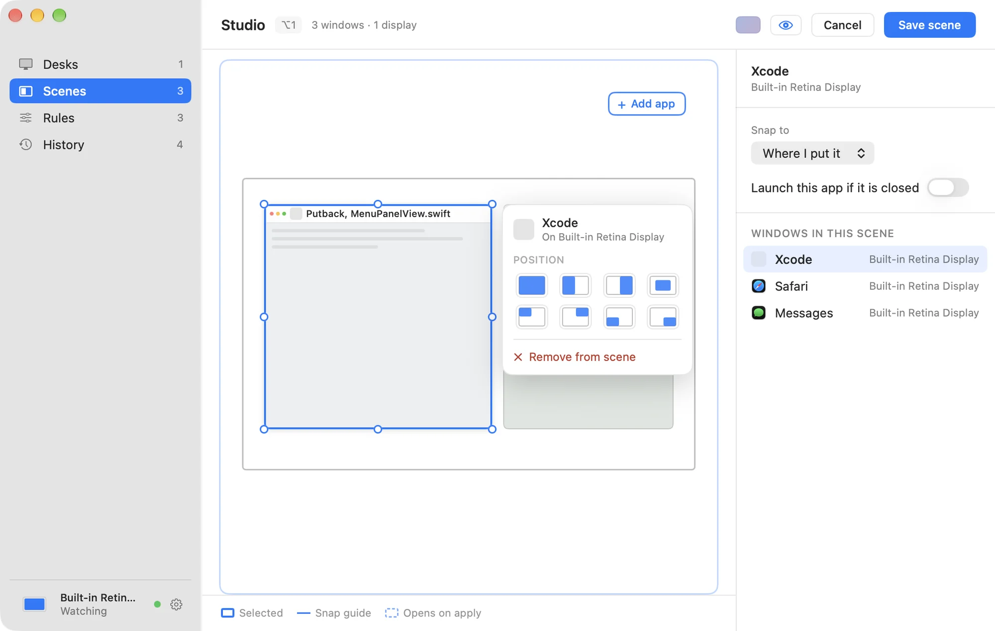 Scene Studio's inspector: snap to where I put it, launch this app if it is closed, and the windows in this scene